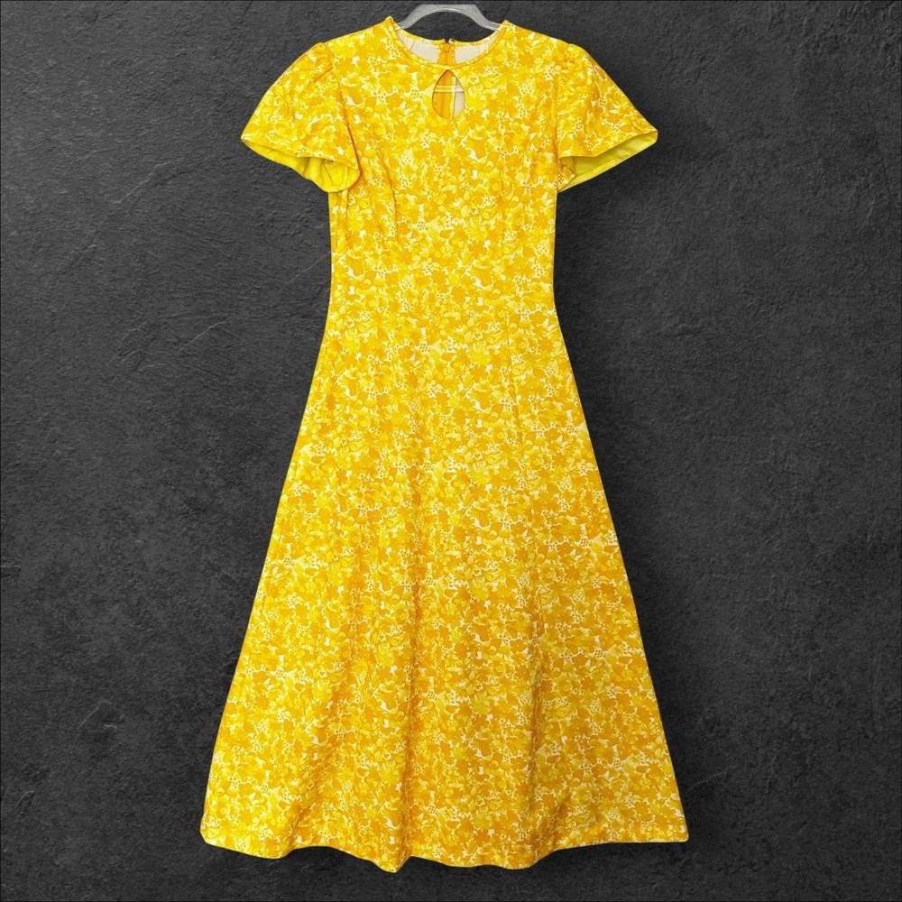 Vintage 1970 Handmade Yellow Maxi Dress S Festival Boho Floral Prairie Polyester